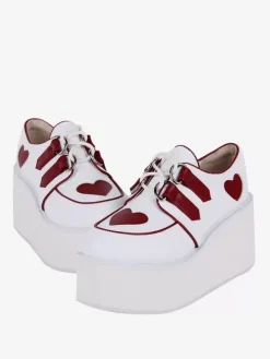 Chaussures Lolita Steampunk blanches à lacets motif c艙urs chaussures Lolita à talons compensés en cuir PU