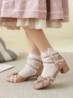 Chaussures Lolita Style ROCOCO Light Sky Blue Ruffles Escarpins Lolita à talons épais en cuir PU