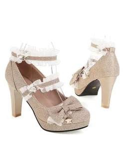 Chaussures Lolita Style ROCOCO Light Sky Blue Ruffles Escarpins Lolita à talons épais en cuir PU