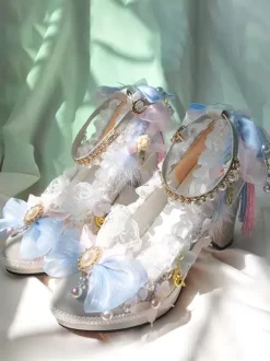 Chaussures Lolita Style Rococo Perles Blanches Volants Talon Chunky Escarpins Lolita