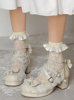Chaussures Lolita style ROCOCO escarpins Lolita violets à chaînes perles n艙uds bout rond en cuir PU
