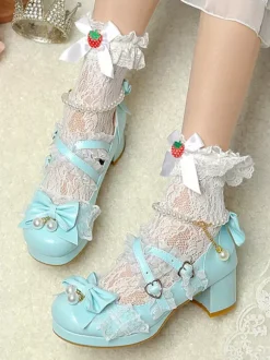 Chaussures Lolita style ROCOCO escarpins Lolita violets à chaînes perles n艙uds bout rond en cuir PU