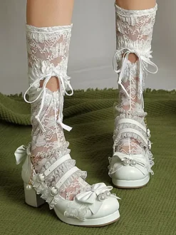 Chaussures Lolita style ROCOCO escarpins Lolita violets à chaînes perles n艙uds bout rond en cuir PU
