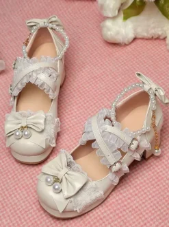 Chaussures Lolita style ROCOCO escarpins Lolita violets à chaînes perles n艙uds bout rond en cuir PU