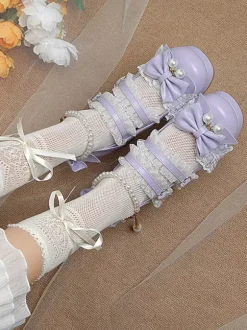 Chaussures Lolita style ROCOCO escarpins Lolita violets à chaînes perles n艙uds bout rond en cuir PU