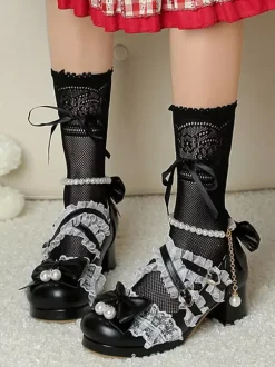 Chaussures Lolita style ROCOCO escarpins Lolita violets à chaînes perles n艙uds bout rond en cuir PU