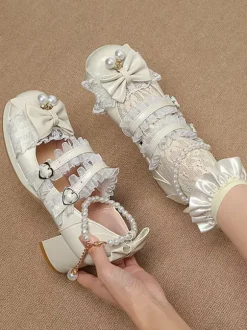 Chaussures Lolita style ROCOCO escarpins Lolita violets à chaînes perles n艙uds bout rond en cuir PU