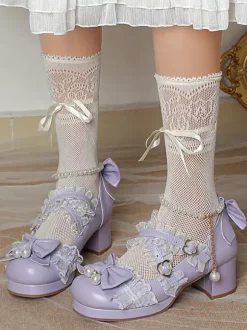 Chaussures Lolita style ROCOCO escarpins Lolita violets à chaînes perles n艙uds bout rond en cuir PU