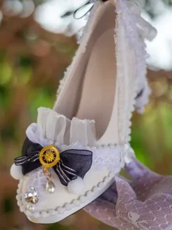 Chaussures Lolita style ROCOCO bleu ciel clair blocs de couleurs n艙uds dentelle volants bout rond escarpins Lolita en cuir PU