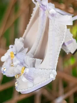 Chaussures Lolita style ROCOCO bleu ciel clair blocs de couleurs n艙uds dentelle volants bout rond escarpins Lolita en cuir PU