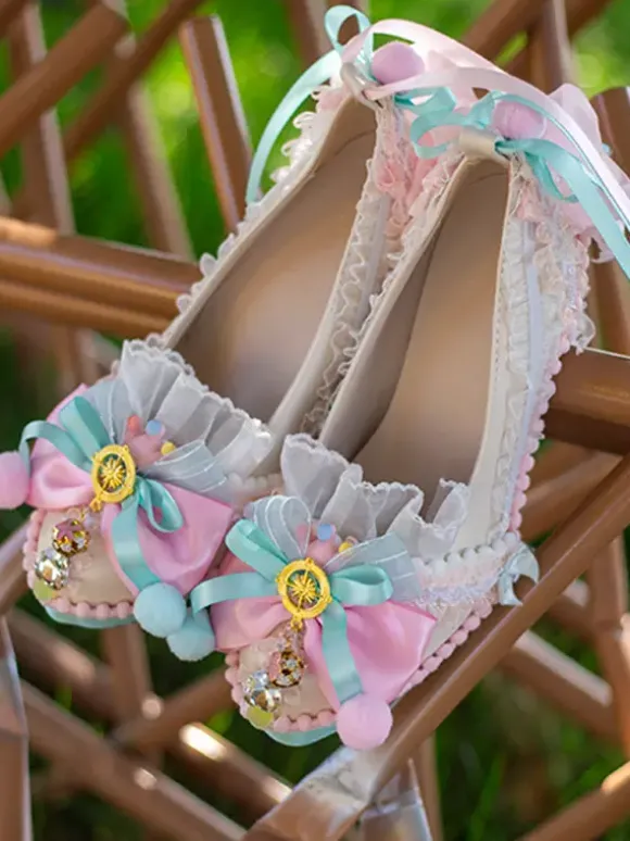 Chaussures Lolita style ROCOCO bleu ciel clair blocs de couleurs n艙uds dentelle volants bout rond escarpins Lolita en cuir PU