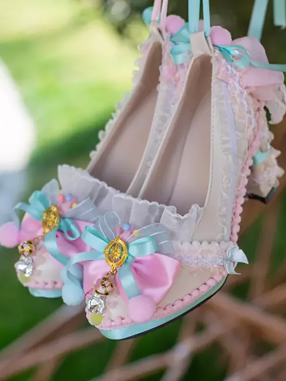 Chaussures Lolita style ROCOCO bleu ciel clair blocs de couleurs n艙uds dentelle volants bout rond escarpins Lolita en cuir PU