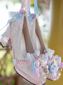 Chaussures Lolita style ROCOCO bleu ciel clair blocs de couleurs n艙uds dentelle volants bout rond escarpins Lolita en cuir PU