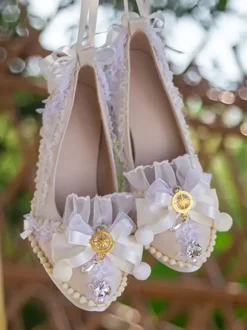 Chaussures Lolita style ROCOCO bleu ciel clair blocs de couleurs n艙uds dentelle volants bout rond escarpins Lolita en cuir PU