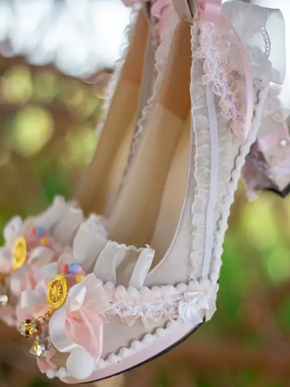 Chaussures Lolita style ROCOCO bleu ciel clair blocs de couleurs n艙uds dentelle volants bout rond escarpins Lolita en cuir PU