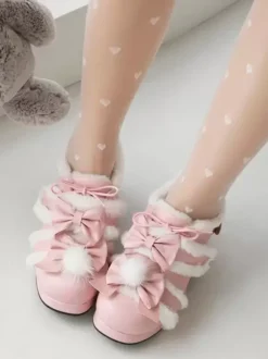 Chaussures Lolita Sweet escarpins Lolita à talons épais en cuir PU avec n艙uds roses