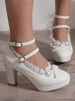 Chaussures Lolita Sweet en cuir PU à gros talons et lacets blancs