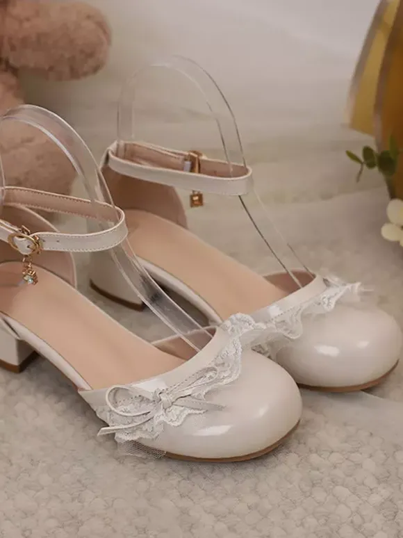 Chaussures Lolita Sweet escarpins Lolita roses à blocs de couleurs n艙uds volants dentelle bout rond