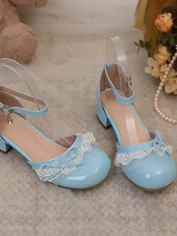 Chaussures Lolita Sweet escarpins Lolita roses à blocs de couleurs n艙uds volants dentelle bout rond