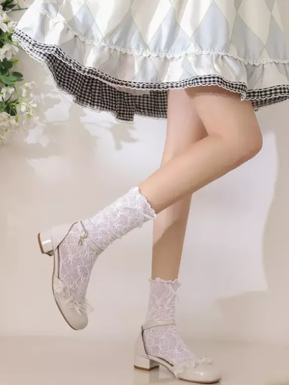 Chaussures Lolita Sweet escarpins Lolita roses à blocs de couleurs n艙uds volants dentelle bout rond