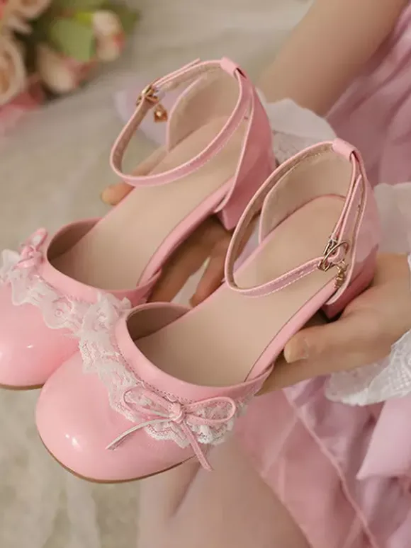Chaussures Lolita Sweet escarpins Lolita roses à blocs de couleurs n艙uds volants dentelle bout rond