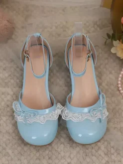 Chaussures Lolita Sweet escarpins Lolita roses à blocs de couleurs n艙uds volants dentelle bout rond