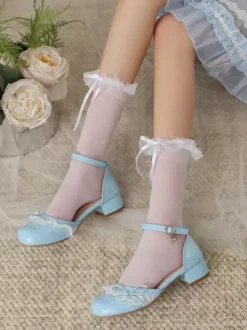 Chaussures Lolita Sweet escarpins Lolita roses à blocs de couleurs n艙uds volants dentelle bout rond