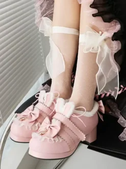 Chaussures Lolita Sweet Lolita Escarpins Lolita en cuir PU à bout rond avec n艙uds roses