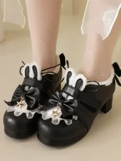 Chaussures Lolita Sweet Lolita Escarpins Lolita en cuir PU à bout rond avec n艙uds roses