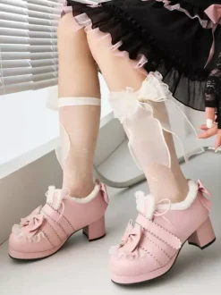 Chaussures Lolita Sweet Lolita Escarpins Lolita en cuir PU à bout rond avec n艙uds roses