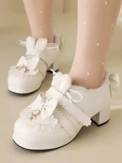 Chaussures Lolita Sweet Lolita Escarpins Lolita en cuir PU à bout rond avec n艙uds roses