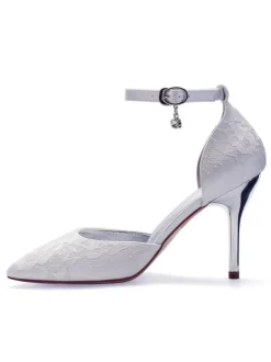 Chaussures mariée 2026 en dentelle à bout pointu à talon haut avec boucle chaussures de mariée