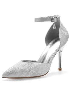 Chaussures mariée 2026 en dentelle à bout pointu à talon haut avec boucle chaussures de mariée