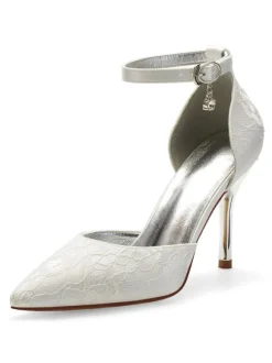 Chaussures mariée 2026 en dentelle à bout pointu à talon haut avec boucle chaussures de mariée