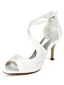 Chaussures mariée bout ouvert talon haut sangle cheville réglable en cuir synthétique