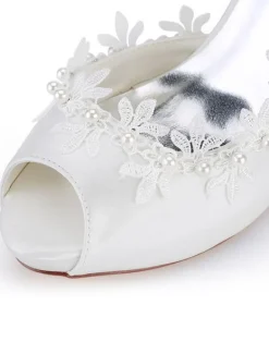 Chaussures mariée en satin à talon haut décoré des fleurs à bout ouvert Chaussures de mariée