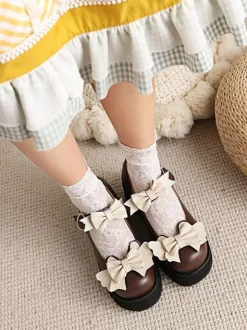 Chaussures Noires Mignonne Lolita En Cuir Pu À Bout Rond Avec N艙ud Rose
