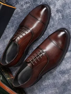 Chaussures Oxford à bout rond pour homme en cuir véritable à bout droit et formelles