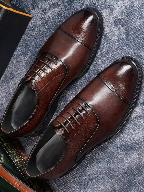 Chaussures Oxford à bout rond pour homme en cuir véritable à bout droit et formelles