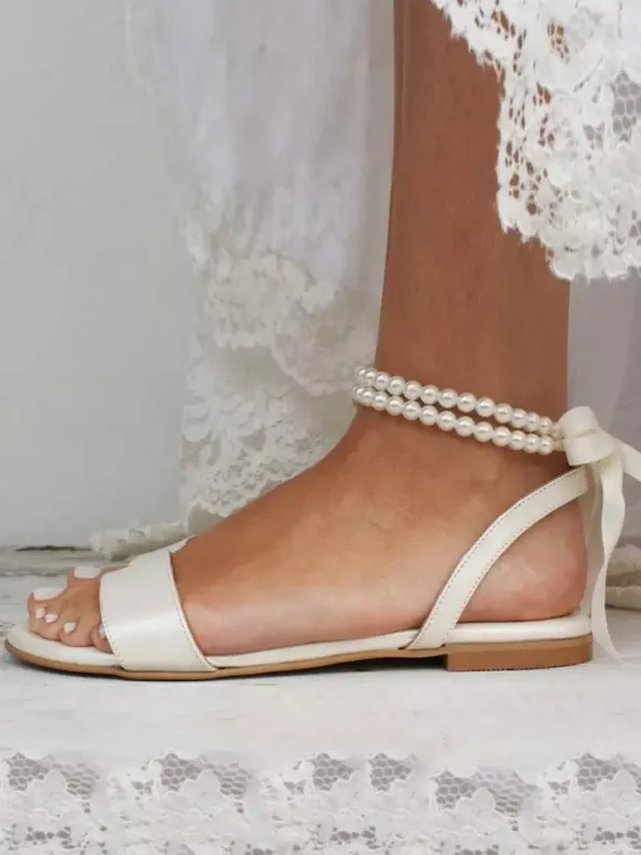 Chaussures Plates De Mariée Sandales De Mariage En Cuir PU Bride Perle