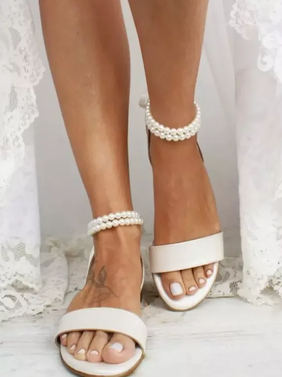 Chaussures Plates De Mariée Sandales De Mariage En Cuir PU Bride Perle