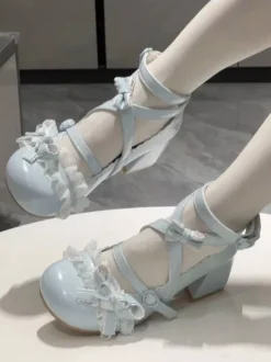 Chaussures Sweet Lolita à brides croisées à la cheville n艙uds bleus bout rond talon compensé en cuir PU
