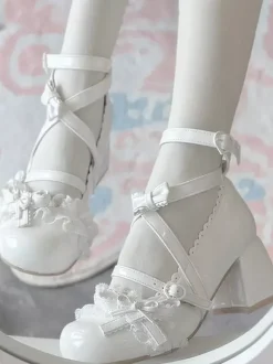 Chaussures Sweet Lolita à brides croisées à la cheville n艙uds bleus bout rond talon compensé en cuir PU