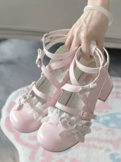 Chaussures Sweet Lolita à brides croisées à la cheville n艙uds bleus bout rond talon compensé en cuir PU