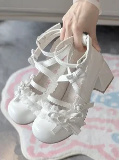 Chaussures Sweet Lolita à brides croisées à la cheville n艙uds bleus bout rond talon compensé en cuir PU
