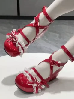 Chaussures Sweet Lolita à brides croisées à la cheville n艙uds bleus bout rond talon compensé en cuir PU