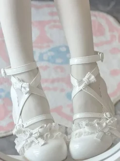 Chaussures Sweet Lolita à brides croisées à la cheville n艙uds bleus bout rond talon compensé en cuir PU