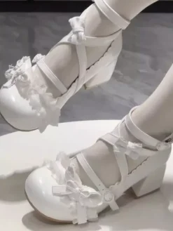 Chaussures Sweet Lolita à brides croisées à la cheville n艙uds bleus bout rond talon compensé en cuir PU