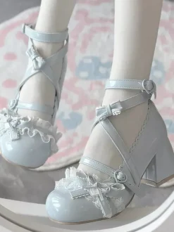 Chaussures Sweet Lolita à brides croisées à la cheville n艙uds bleus bout rond talon compensé en cuir PU