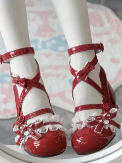 Chaussures Sweet Lolita à brides croisées à la cheville n艙uds bleus bout rond talon compensé en cuir PU